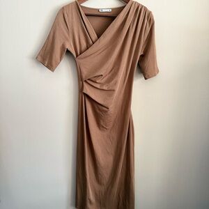 Zara Camel Draped Midi Dress Ruched Wrap Bodycon Elegant Neutral